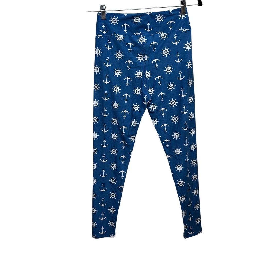 LuLaRoe Blue White Nautical Anchor Ship Wheel Leggings One Size OS High Rise‎